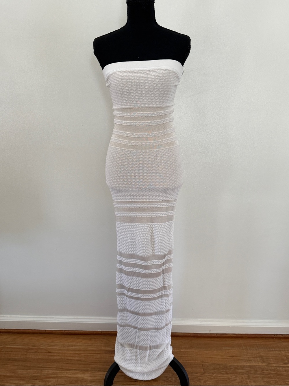 bebe White Strapless Sheer Knit Maxi Dress